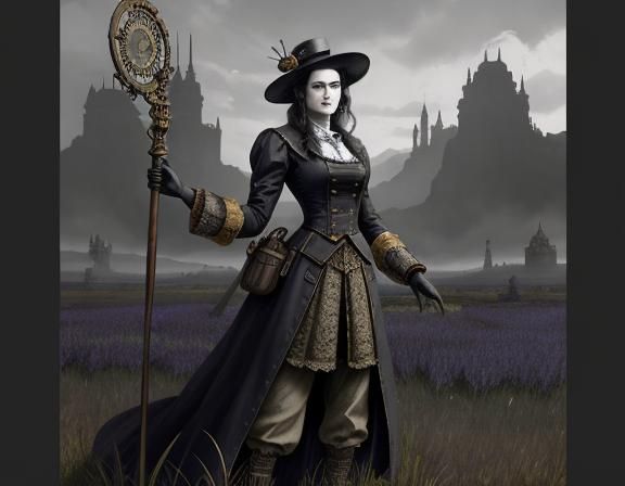 Steampunk Woman in Field, Beatrix Potter Style