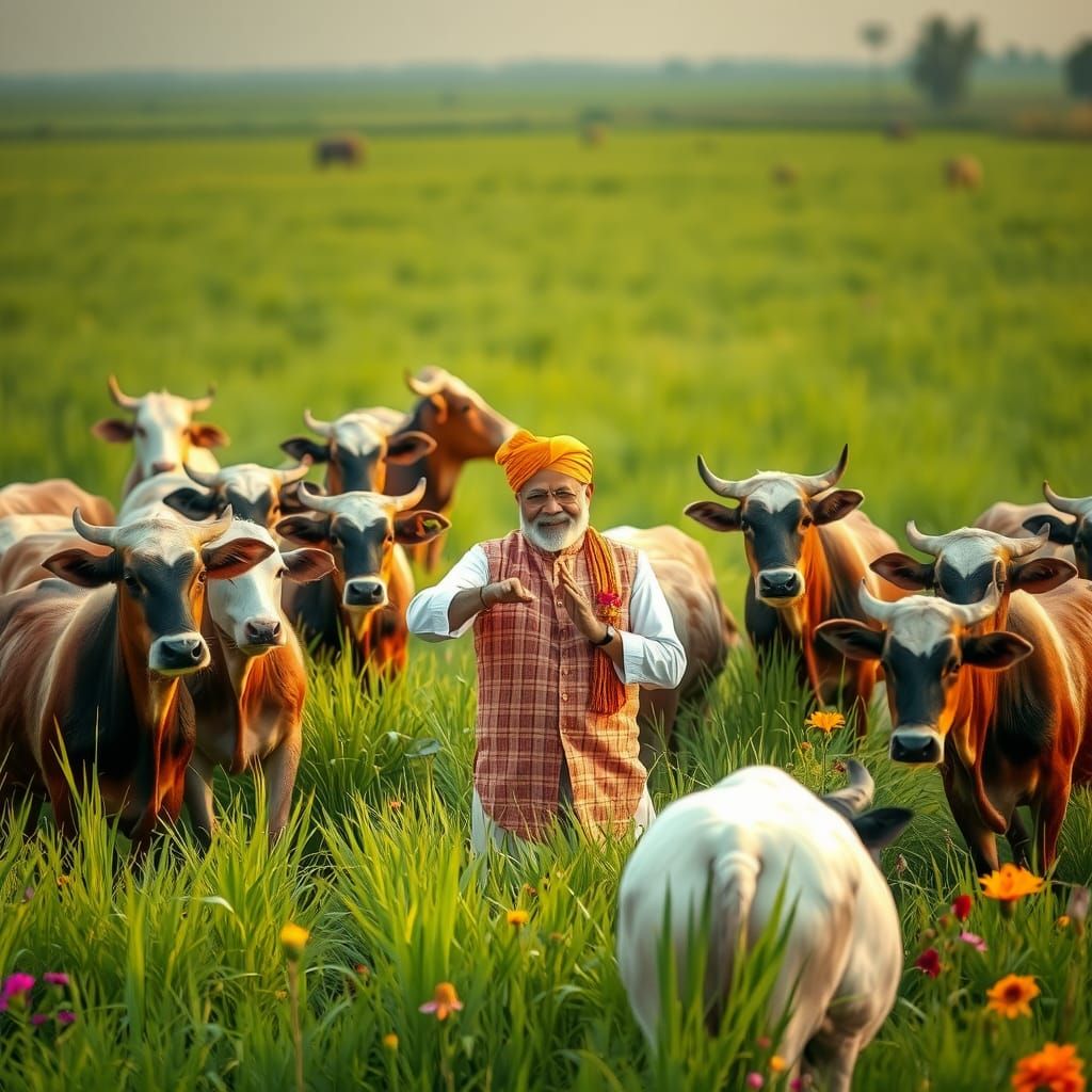 Cows Doing Yoga in Field with Narendra Modi