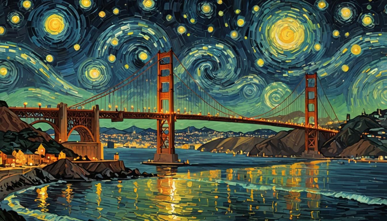 Golden Gate Bridge Night Skyline in Van Gogh Style