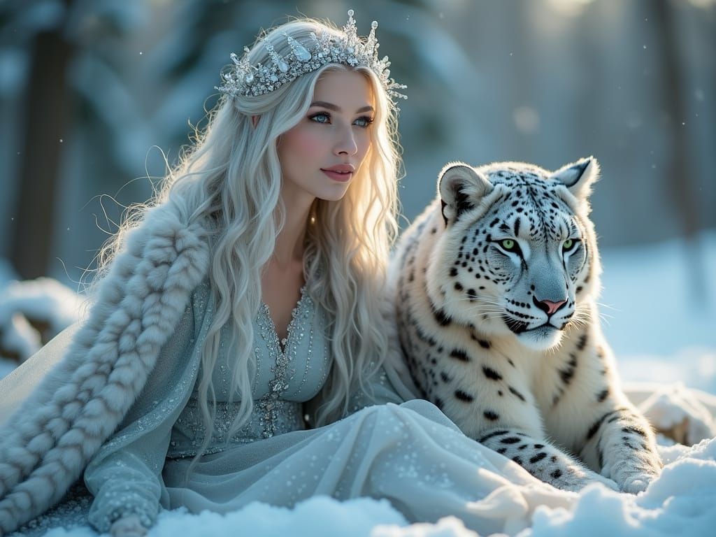 Serene Snow Maiden in Crystal Crown, Beside a Majestic Snow ...