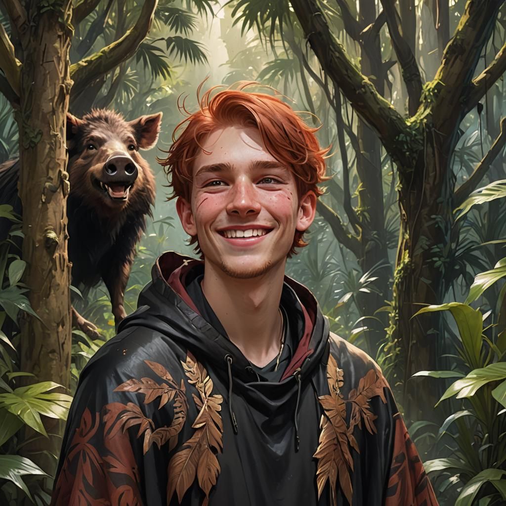 Teen Boy in Jungle with Boar Teeth, Hyperdetailed Art