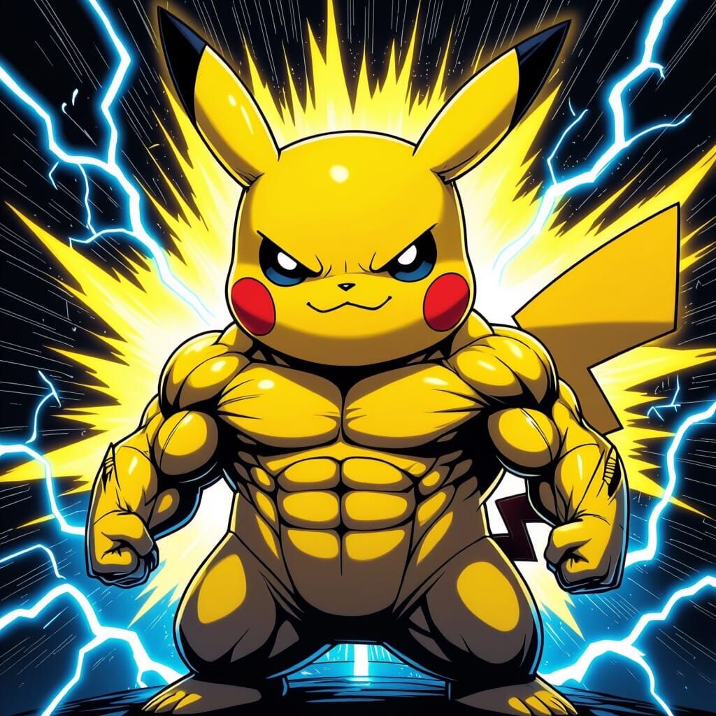 Muscular Pikachu as Gigachad in Comic Book Style