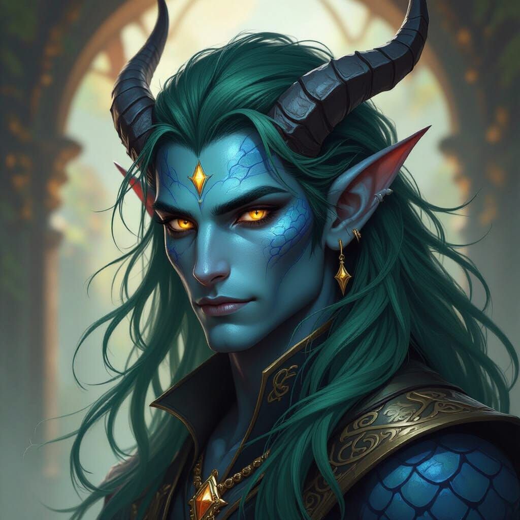 Male Tiefling with Blue Scales and Green Hair