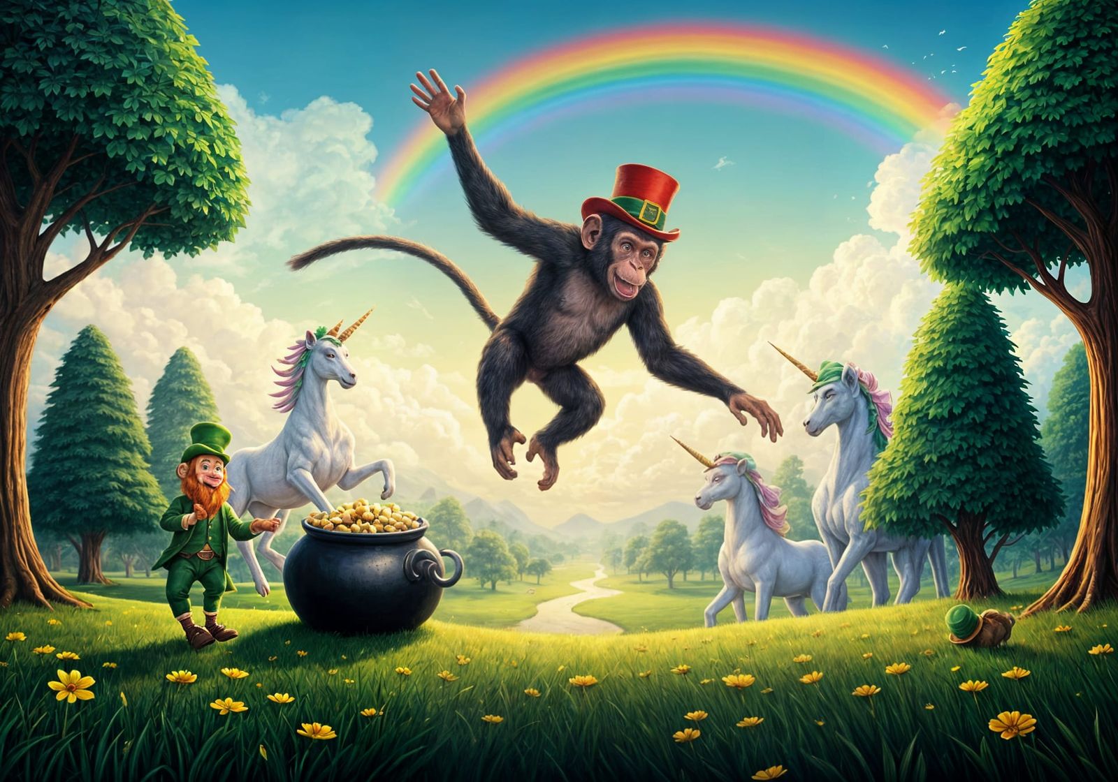 A monkey with a hat on jumping 5 feet over the top of a lepr...