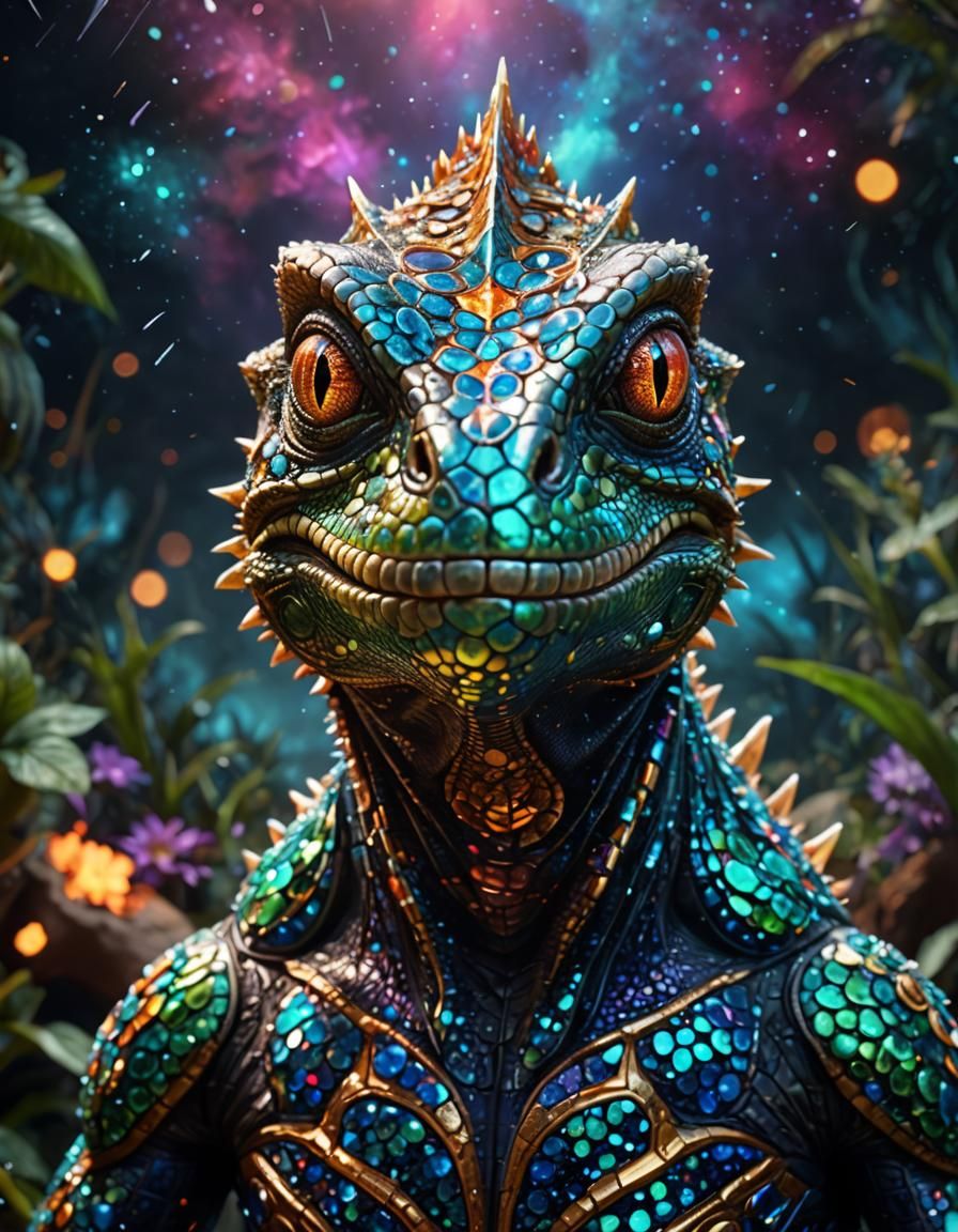Glittering Lizard Creature in Holographic Astral Style