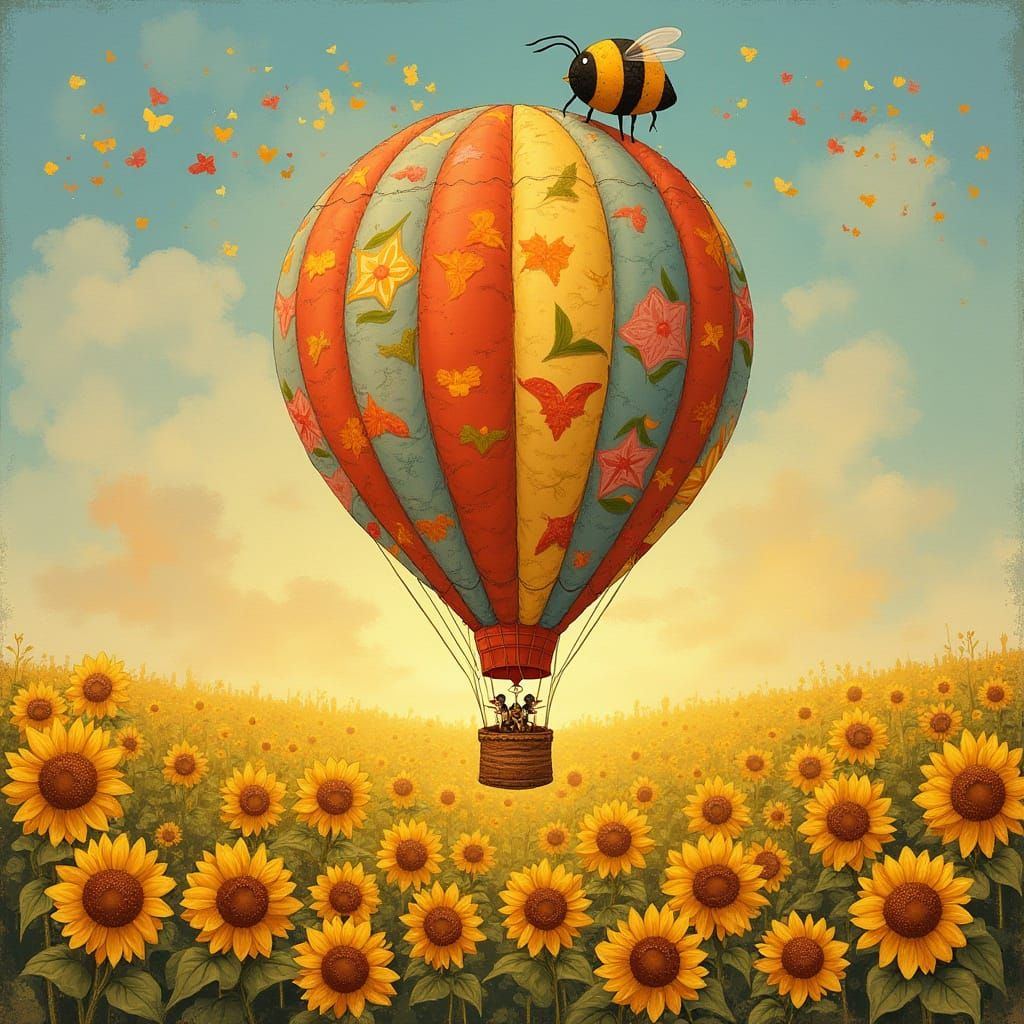 Bumblebee Balloon Over Sunflower Field, Mixed Media
