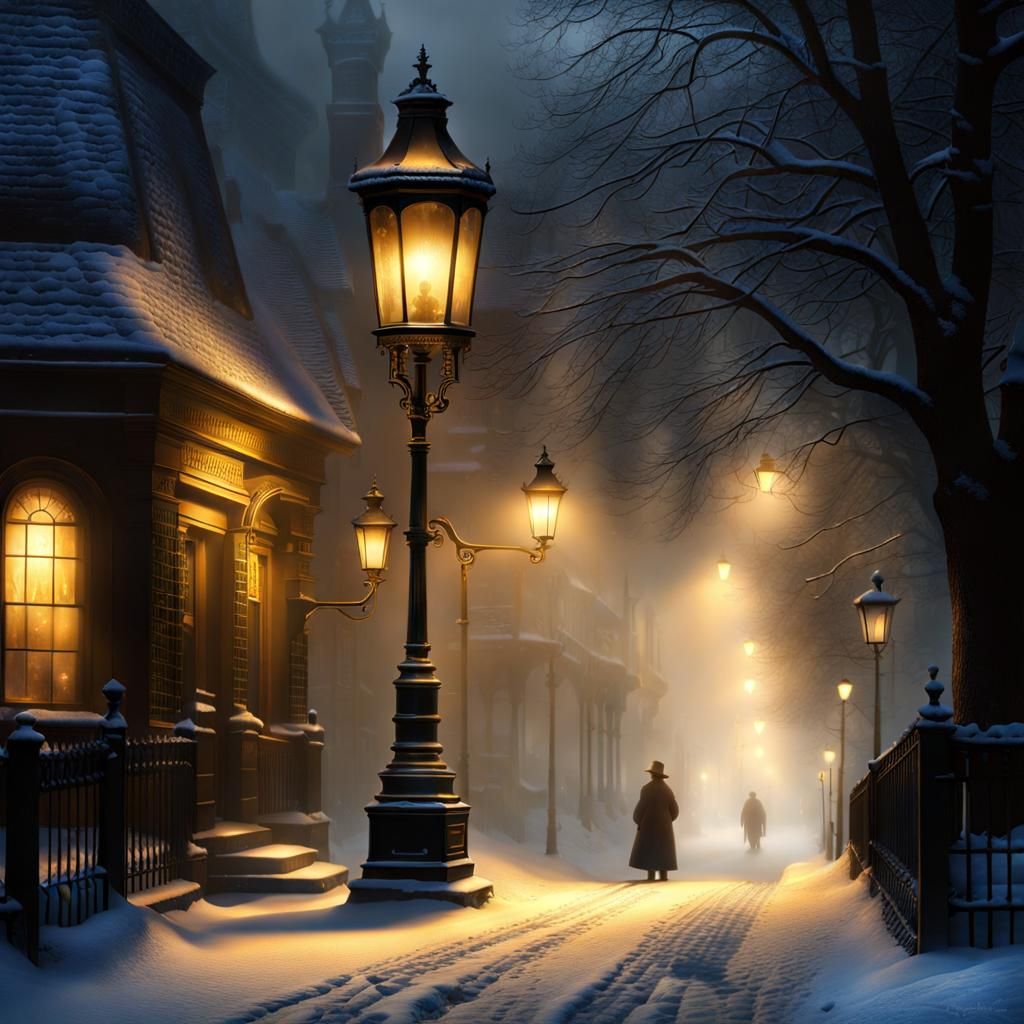 Victorian Street Lamp in Misty Winter Night