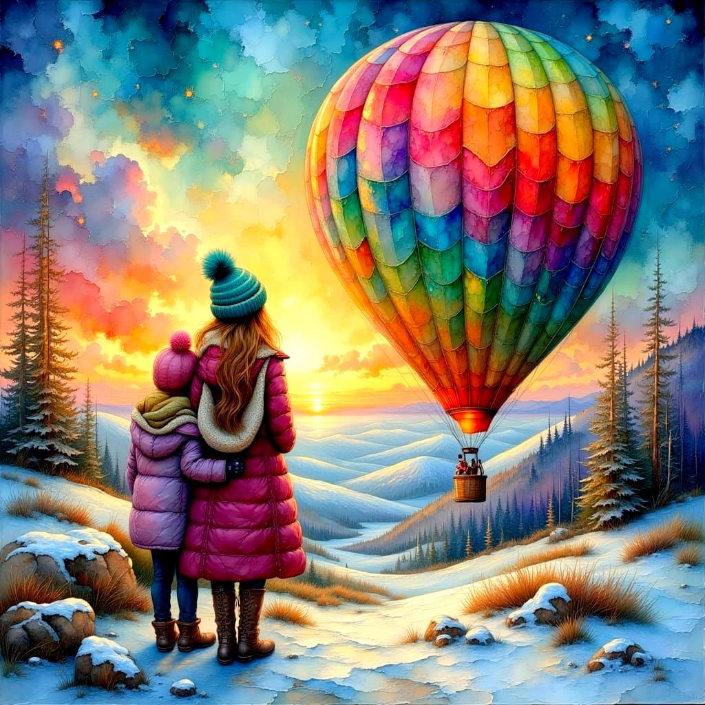 Hot Air Balloon Over Scenic Landscape in Impasto Style