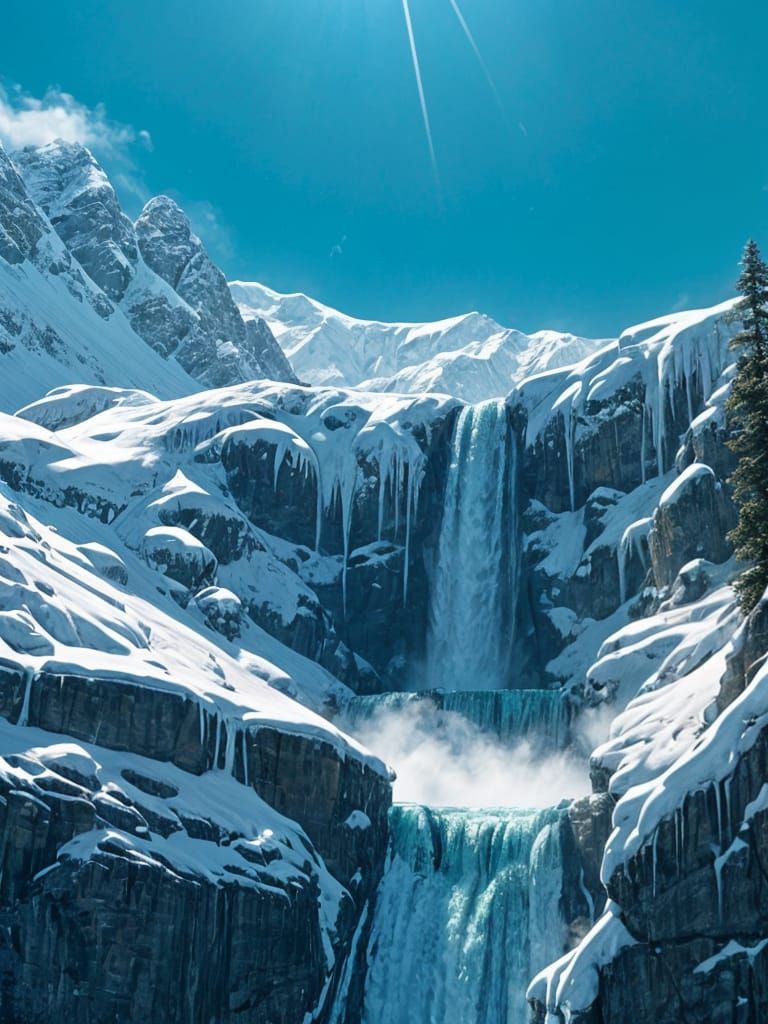 Majestic Waterfall Cascading Down Snowy Mountain