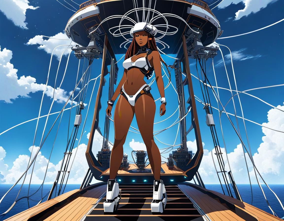 Cyberpunk Woman with Cable Hair on Flying Pirate Ship