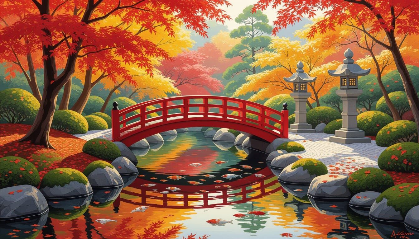 Autumn Japanese Garden Oil Painting with Red Bridge