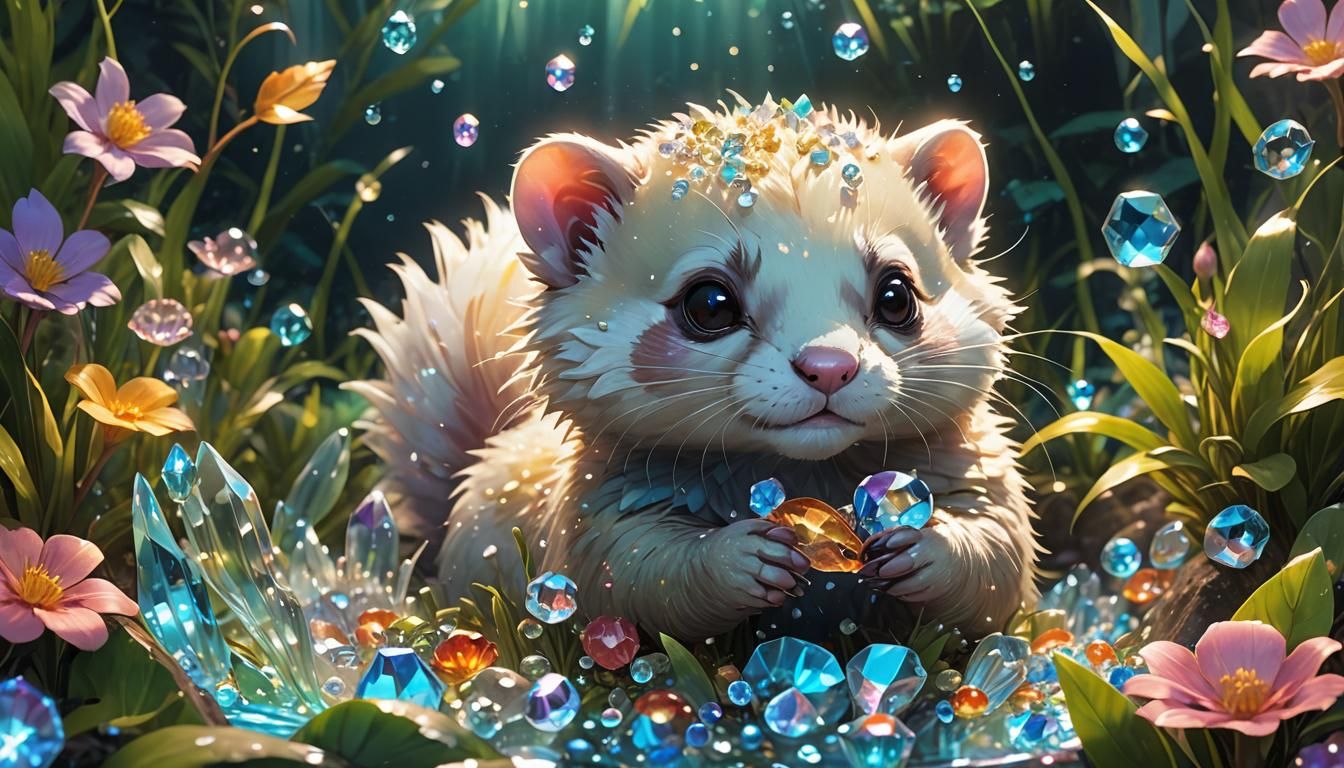 Crystal Ferret and Fish in Vibrant Anime Style