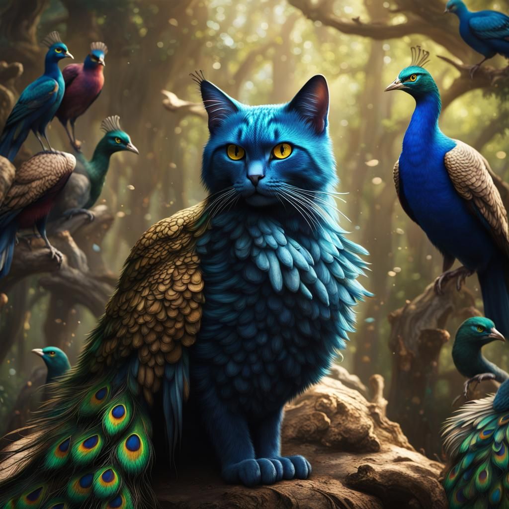 Realistic Cat-Peacock Hybrid Roosting with Birds