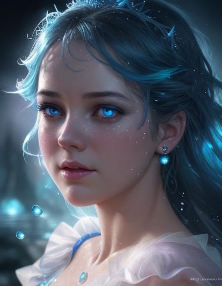 Hyperrealistic Cinderella with Shining Eyes and Water Drople...