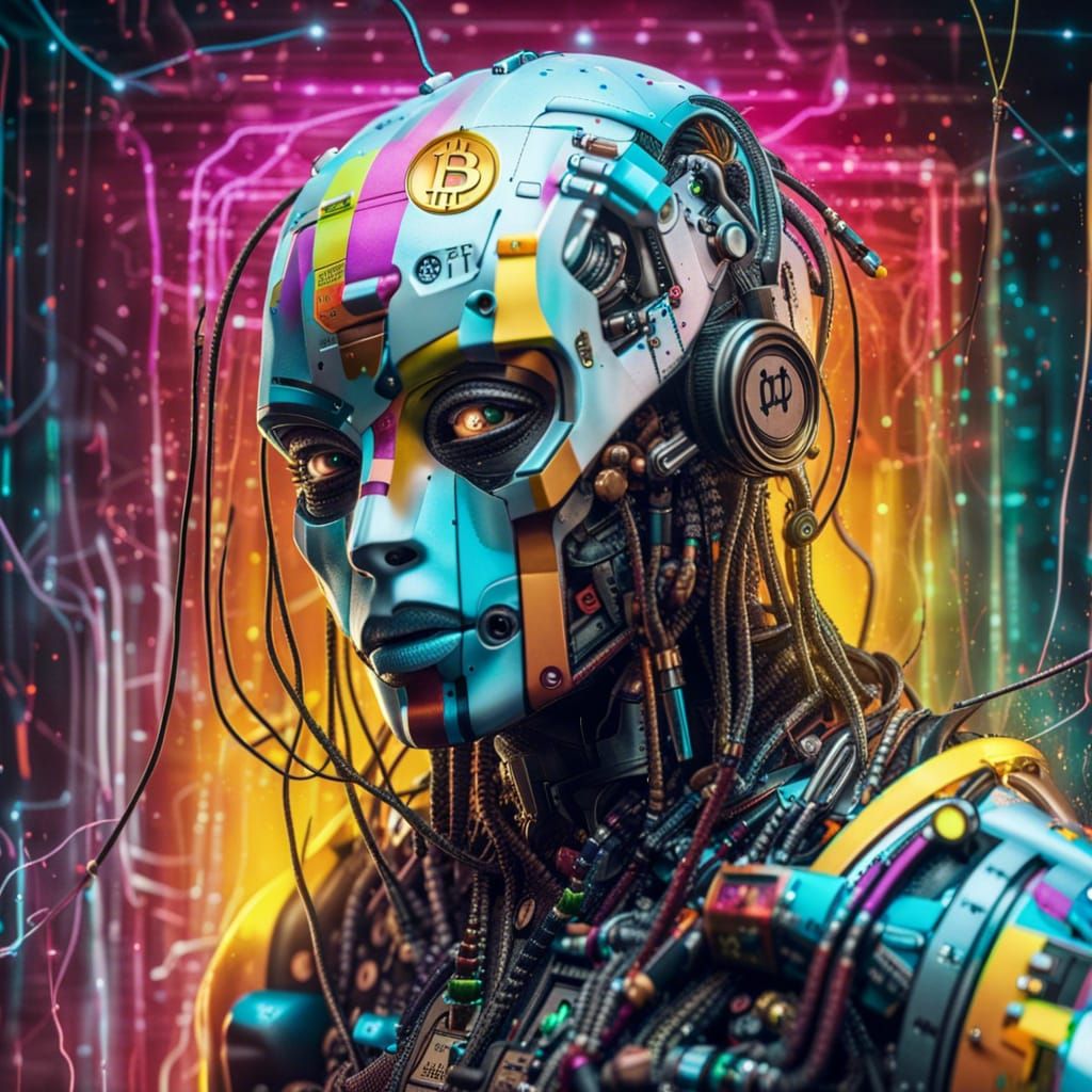 Cyberpunk Robot Portrait with NFT Head and Bitcoin Rain