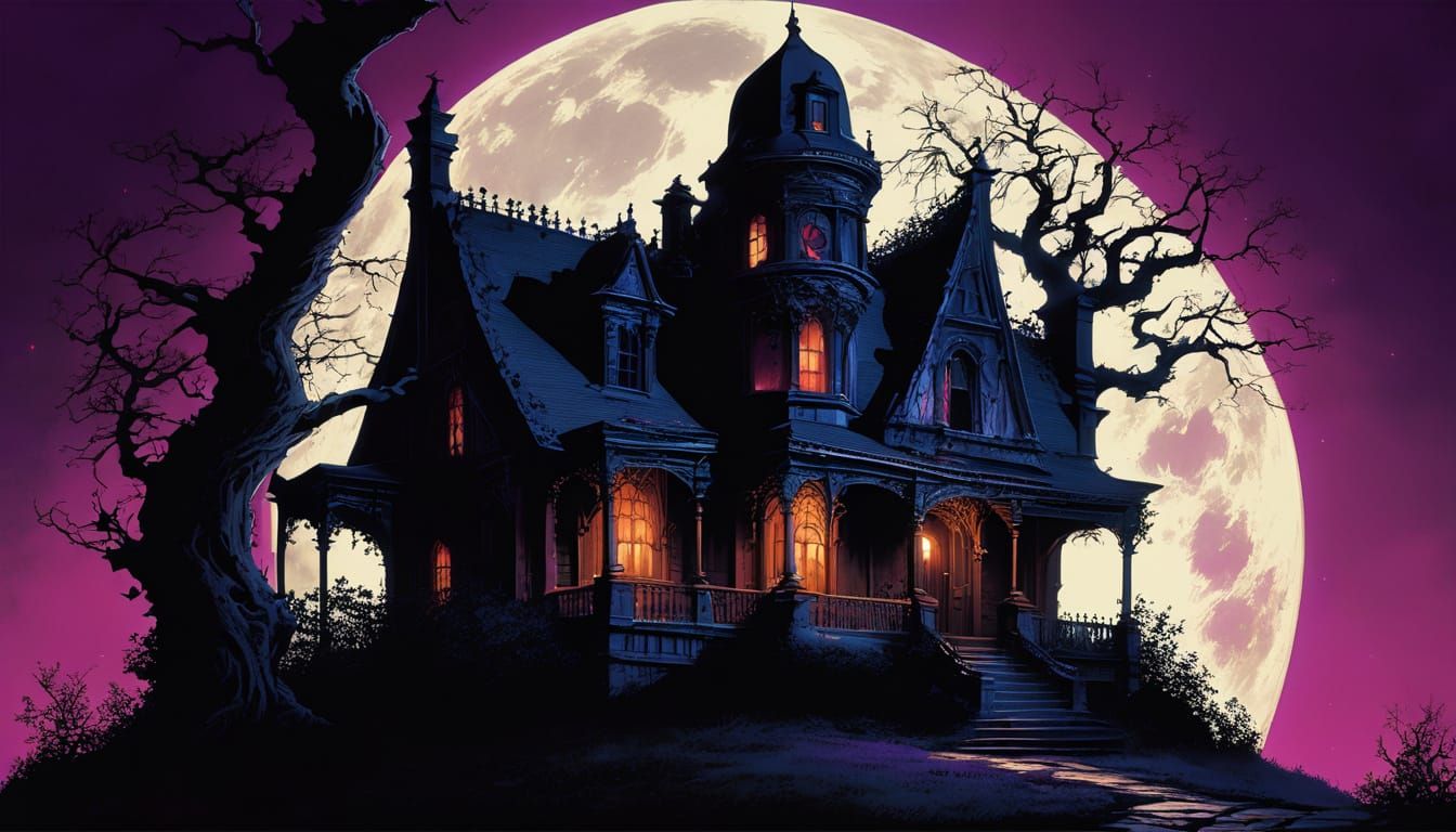 Eerie Gothic House Under Full Moon