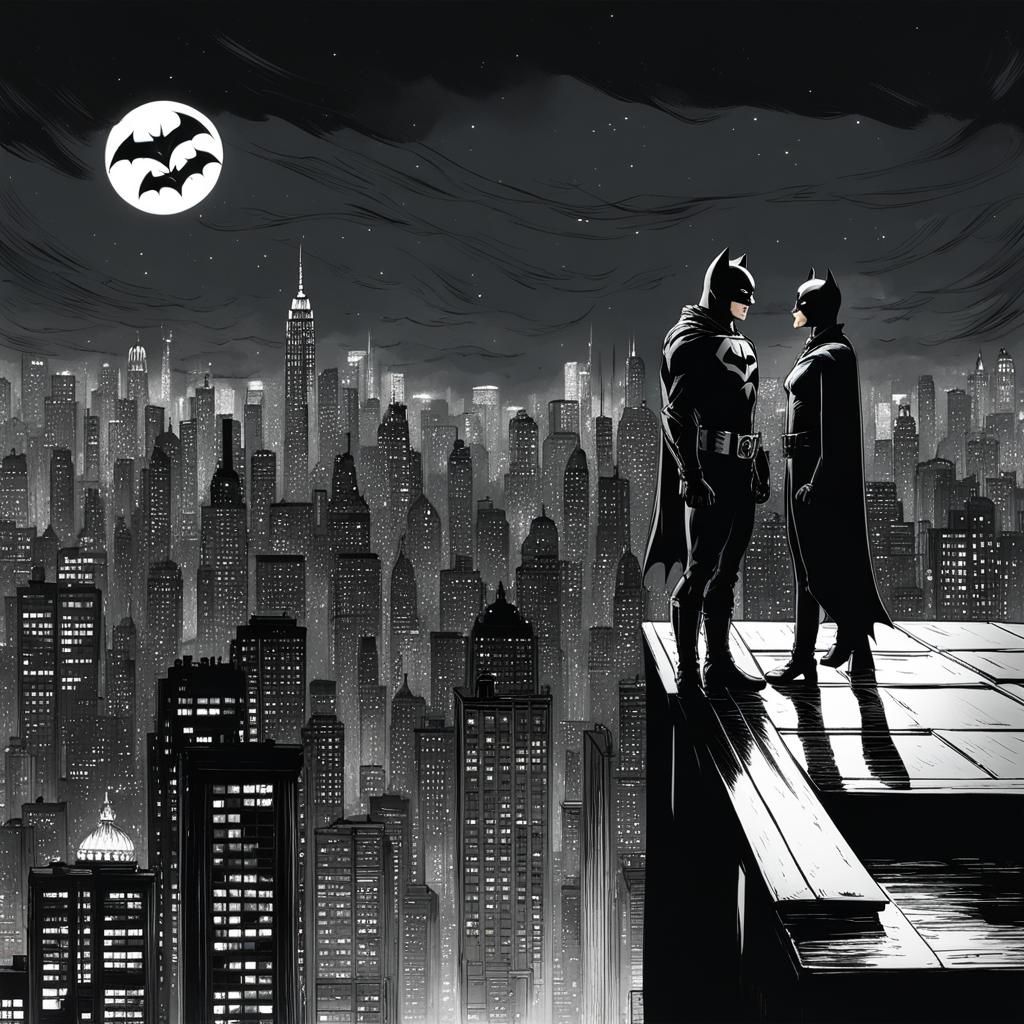 Catwoman and Batman Face-Off in Gotham: Low Angle Perspectiv...