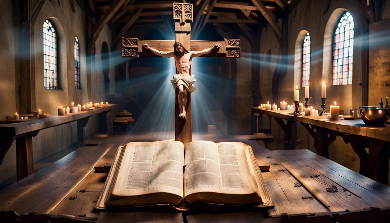 Ethereal Jesus Floats Above Illuminated Bible