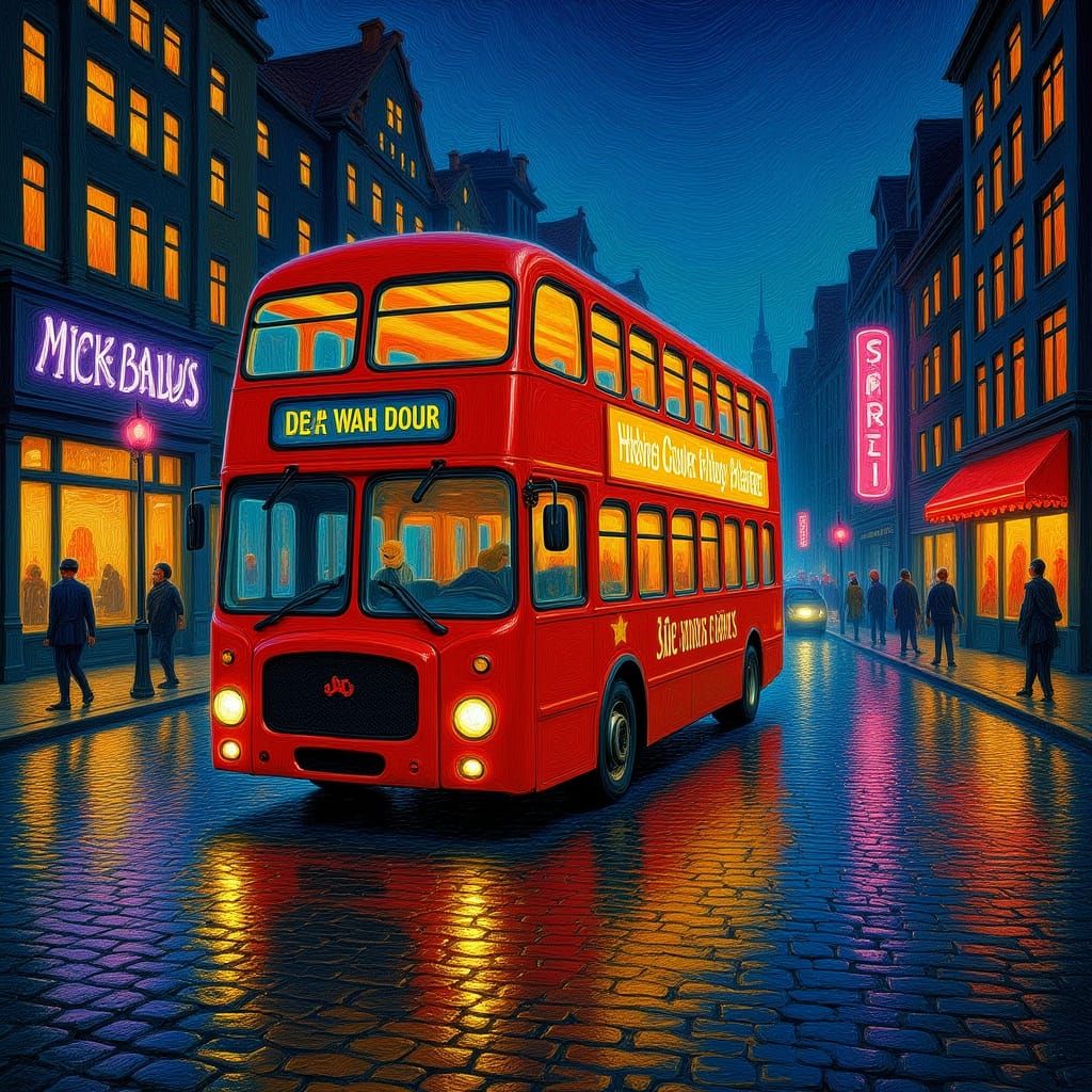 Red Bus in Neon City Dusk, Impressionist Oil Painting