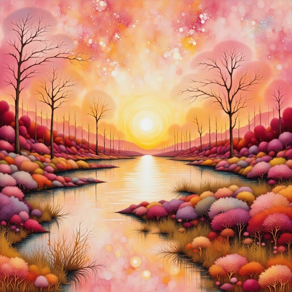 <lora:MILLENNIUM BONSAI:1.0> <lora:Intricacy Vibe:1.0> EXQUISITELY BEAUTIFUL FRACTAL DREAMSCAPE SUNSHINE SUN RAYS pinks ...