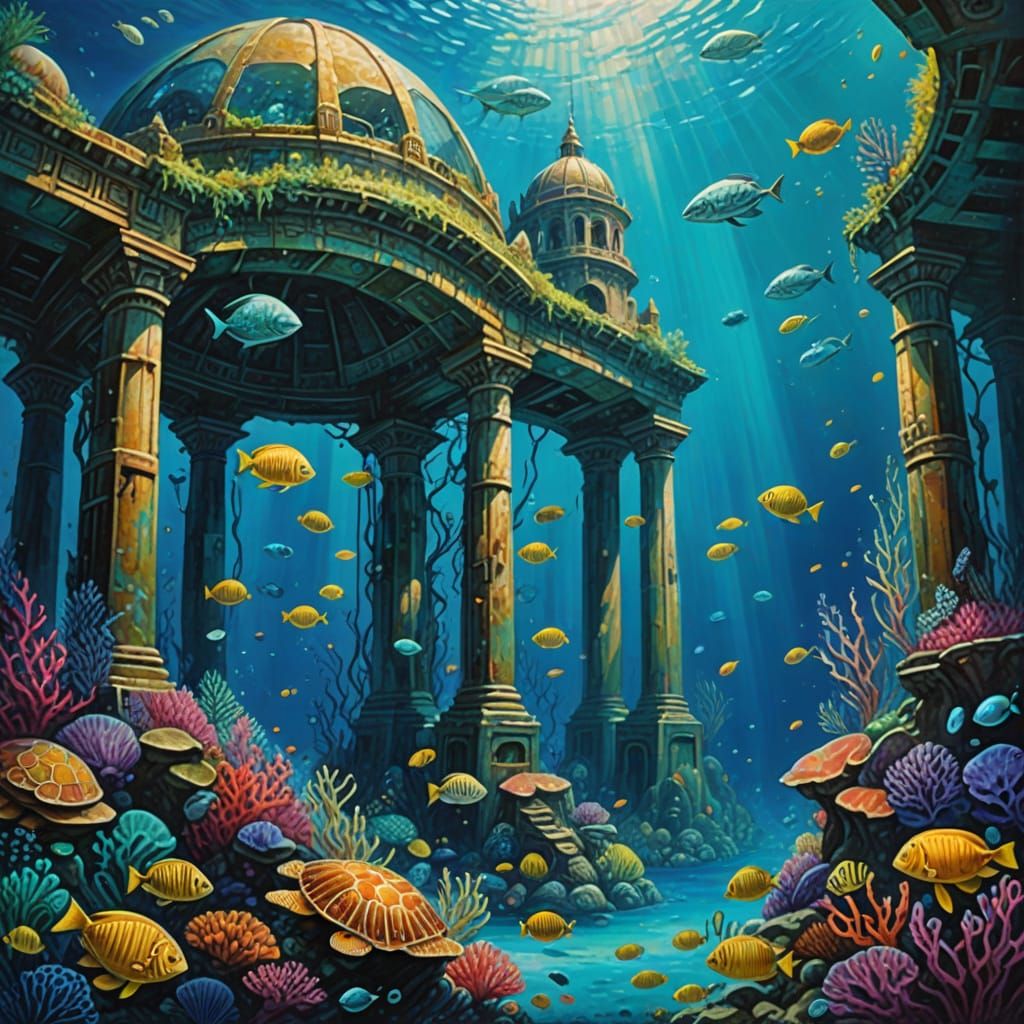 Impressionistic Underwater City Ruins with Alien Architectur...