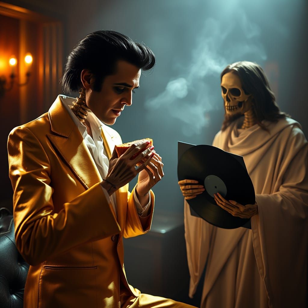 Skeletal Elvis Presley Meets Skeletal Jesus Christ in a Surr...