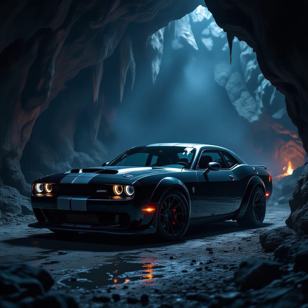 Dodge Hellcat in Mystical Cave: Futuristic Style