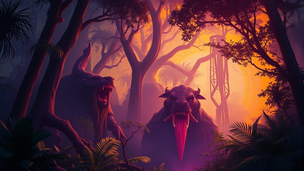 Surreal Dark Jungle in Hyperrealistic Romantic Watercolor St...