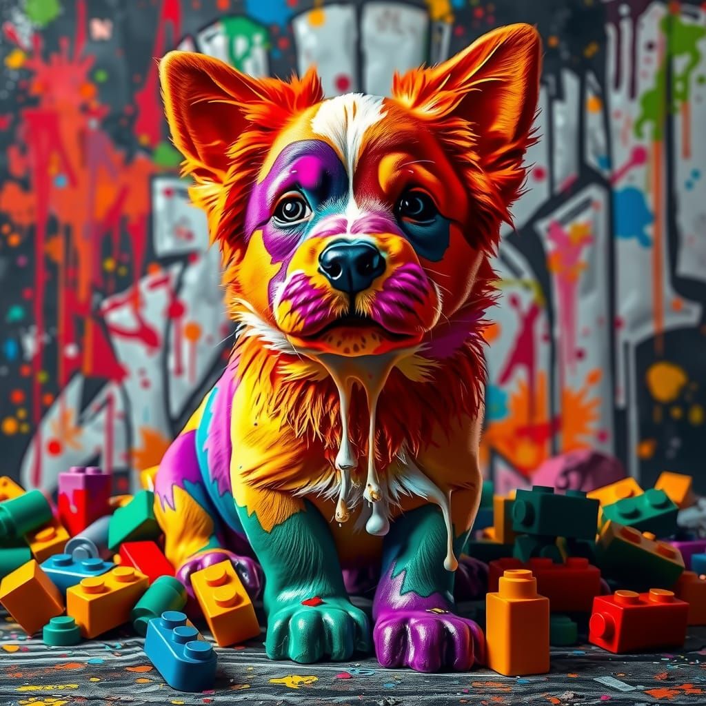 Polychromatic Dog with Lego Bricks in Gritty Street Art