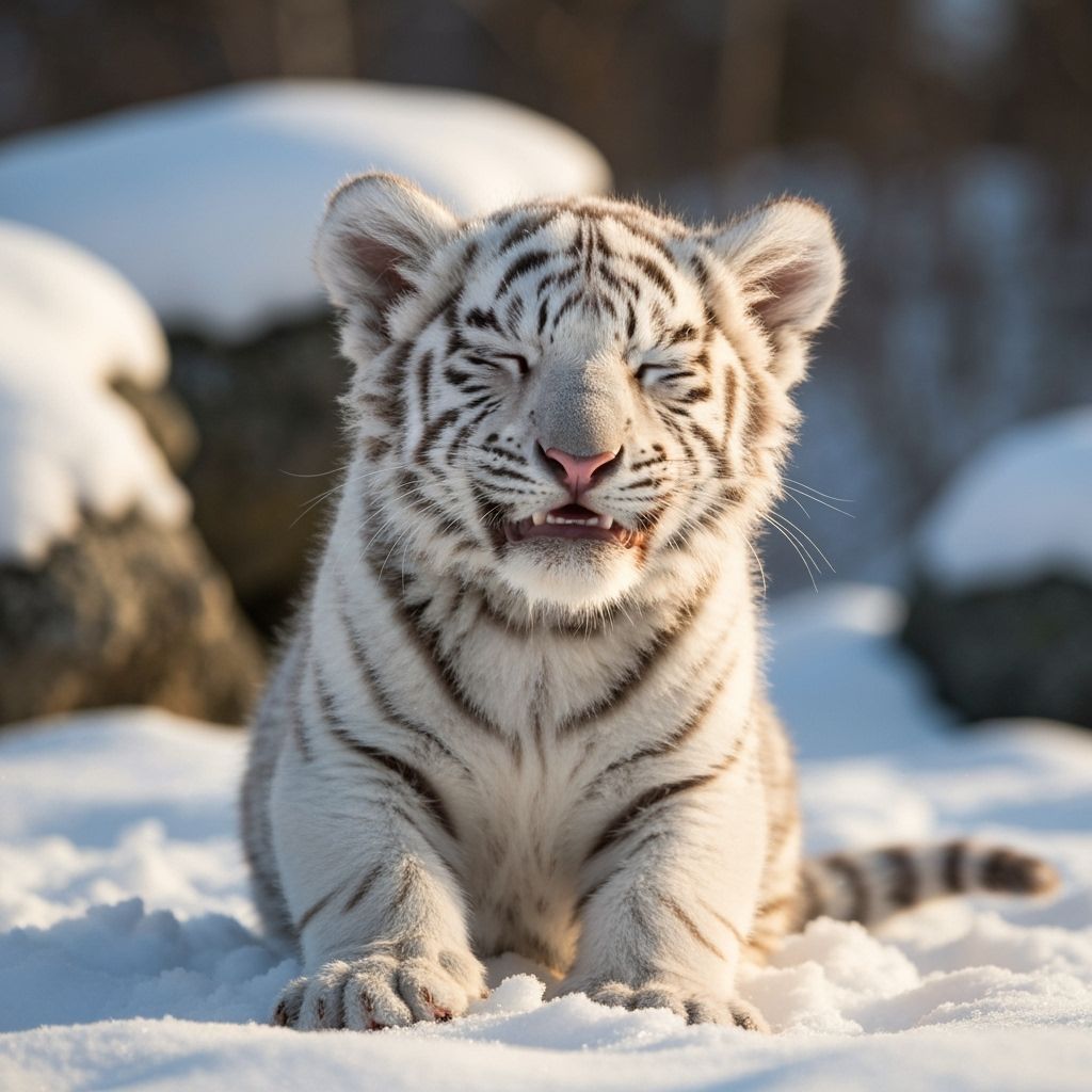 Adorable White Tiger Cub in Snowy Winter Wonderland
