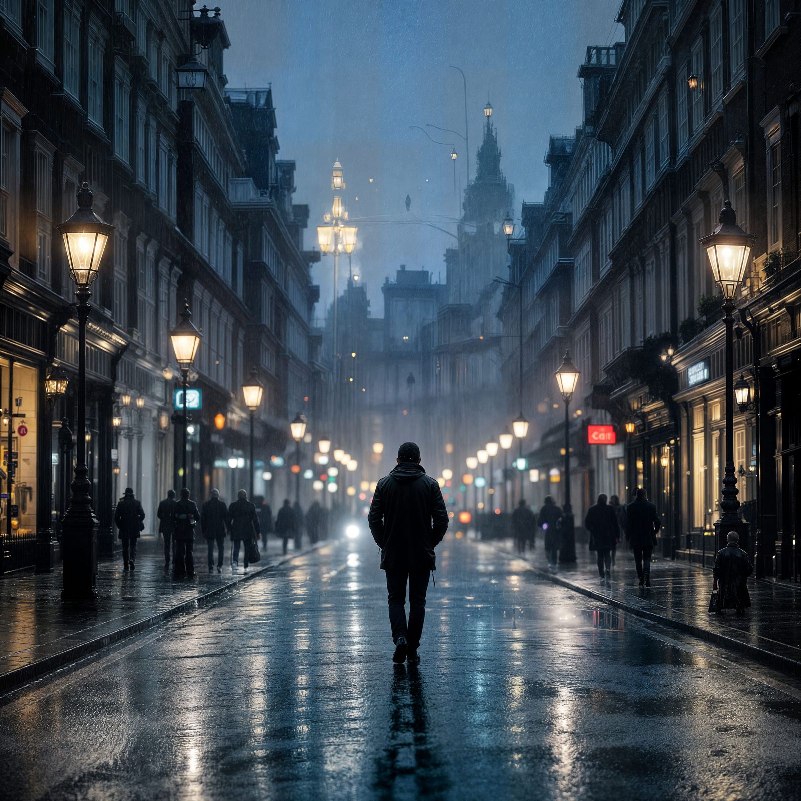 London Street at Night in Foggy Rain
