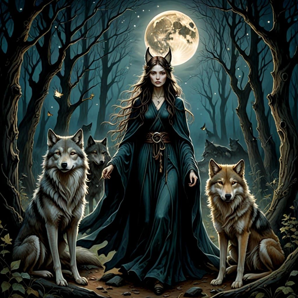 Surreal Witches and Wolves Embodying Freedom in the Moonlit ...