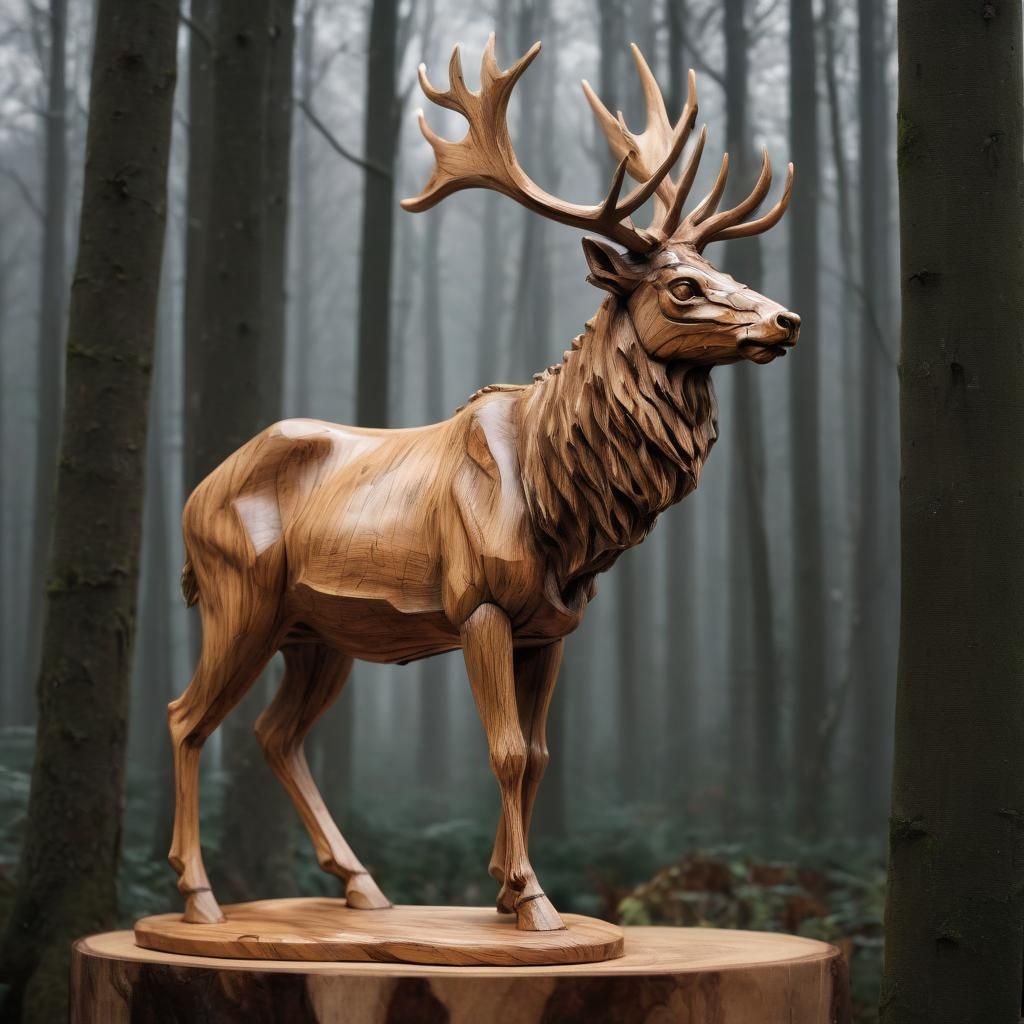 Majestic Wooden Deer Sculpture: Hyperrealistic Photographic ...