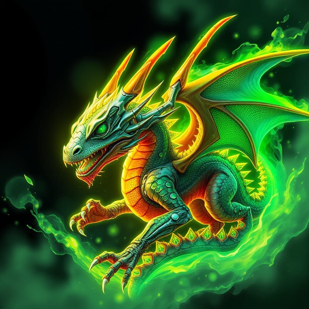 Vibrant Dragon Surrounded by Emerald Aura in Biomechanical S...