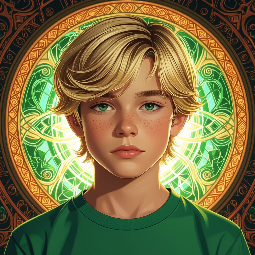 Detailed Portrait of Blond Boy in Art Nouveau Style