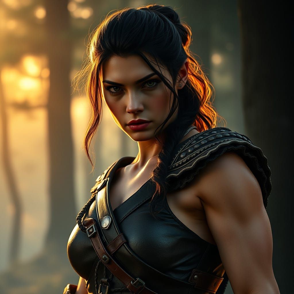 Strong Barbarian Warrior in Leather Armor Poses in Misty For...