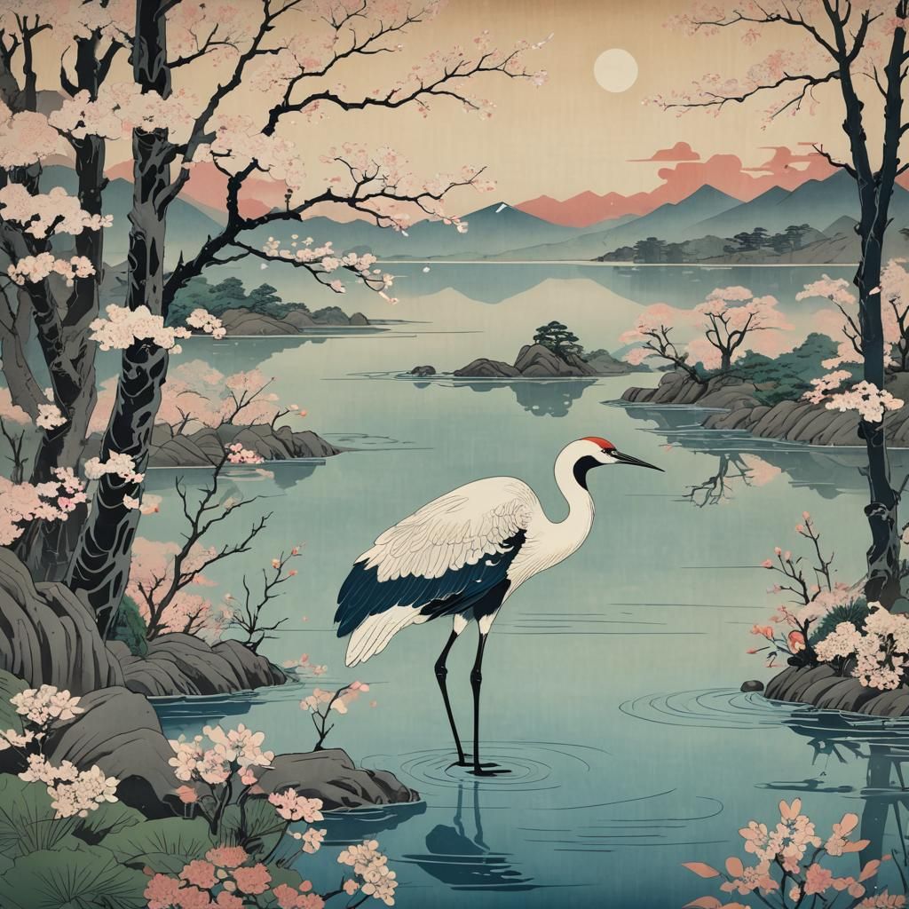 Ukiyo-e Crane in Lake with Double Exposure