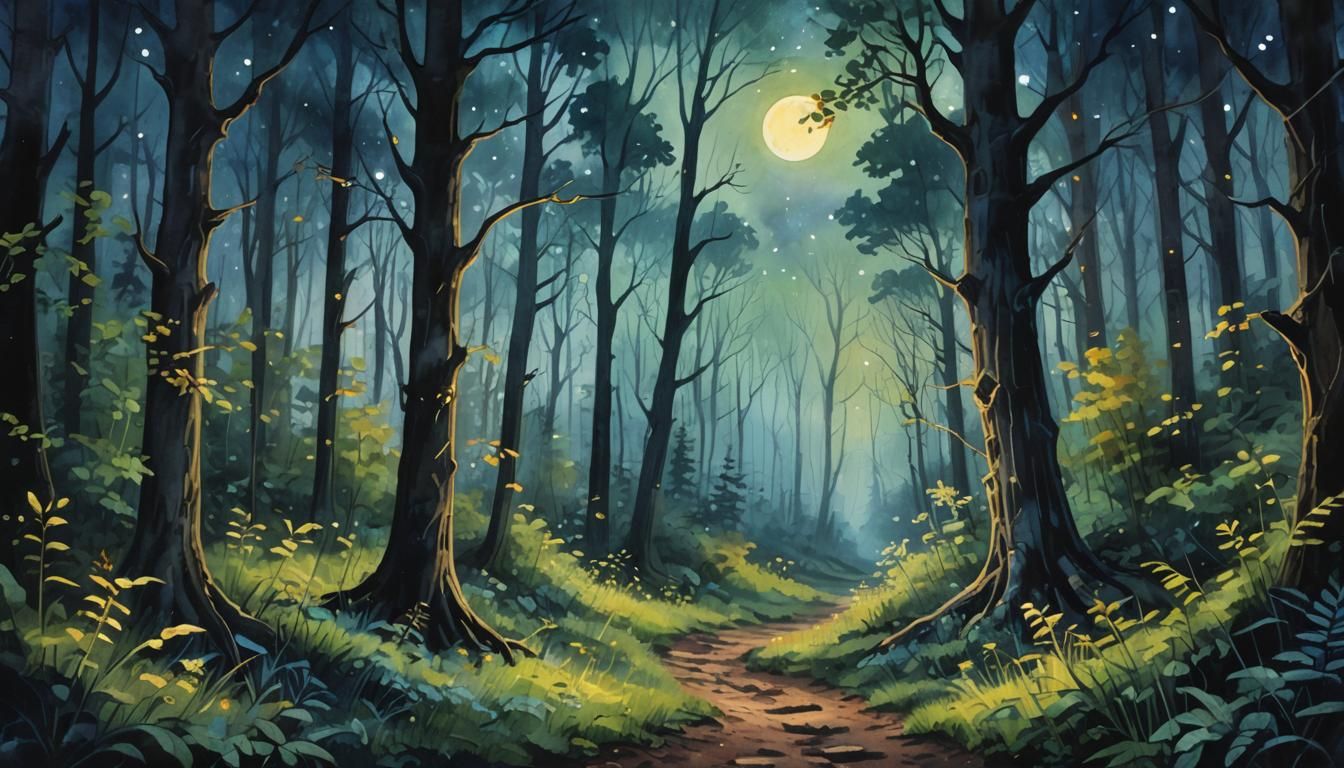 Magical Forest Trail at Night in Gouache Style