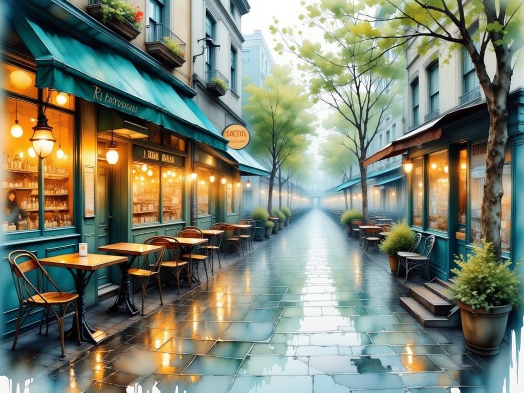 Cafe After Rain: Watercolor Urban Serenity