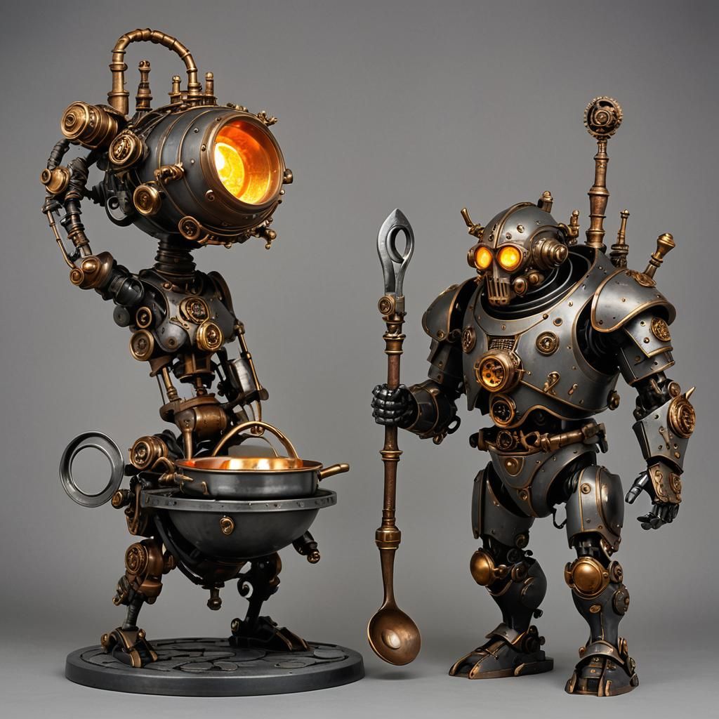 Steampunk Warforged Golem Cooks in a Vintage Kitchen