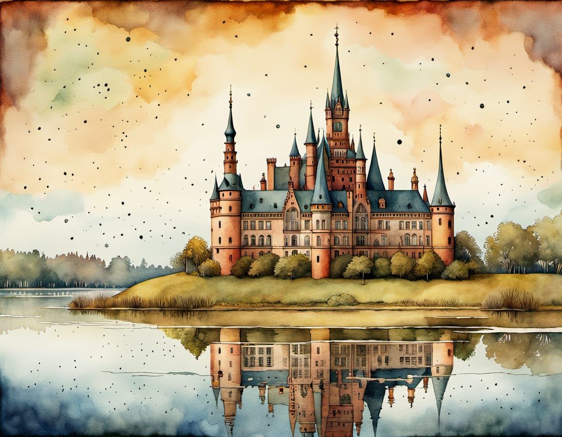 Schwerin Castle Landscape in Dreamy Watercolor Style