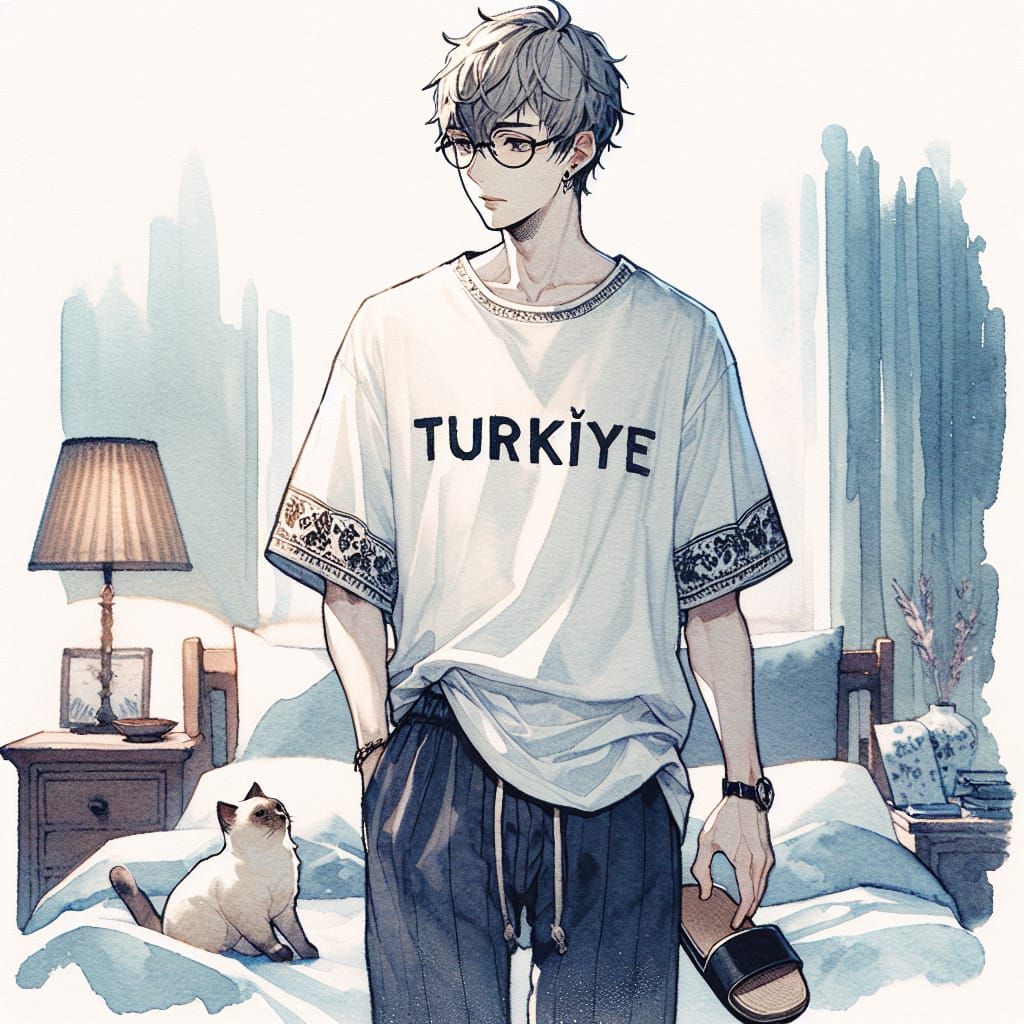 Anime Man with Cat in Watercolor Style