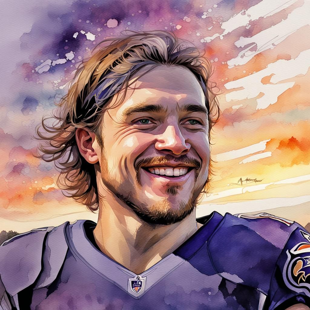 Smiling Man Portrait at Sunset in Watercolor Style