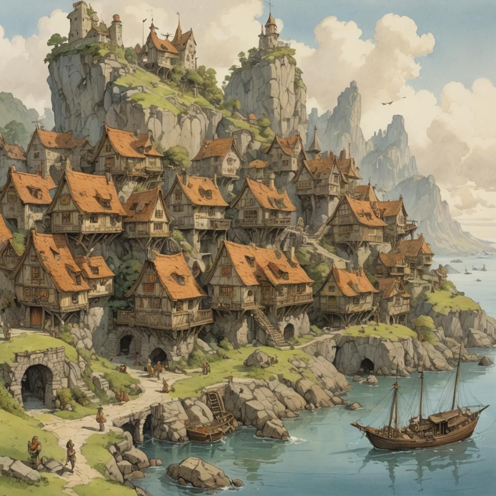 Fantasy Medieval City on Island Concept Art