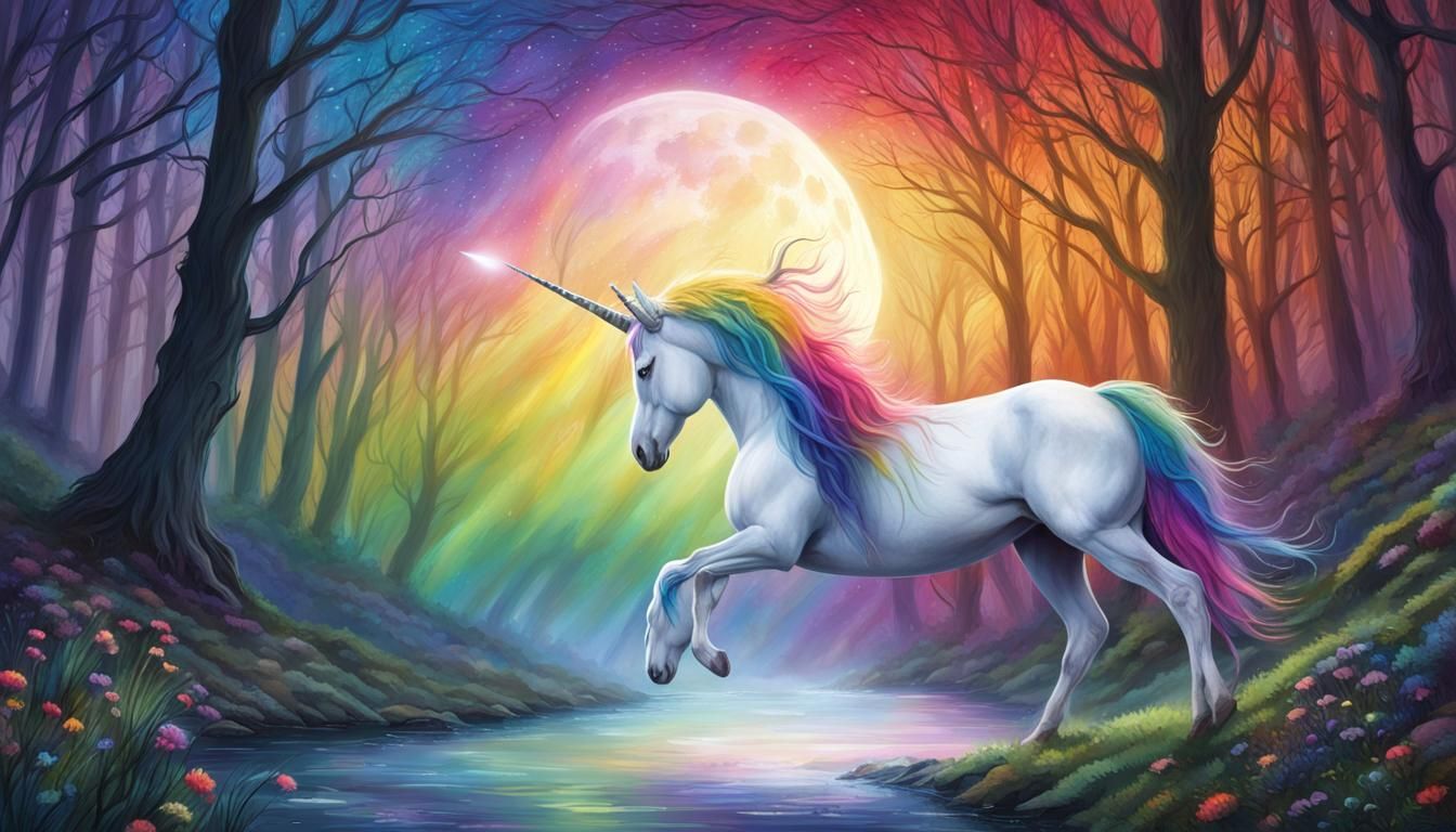 Unicorn Rearing Up Spewing Rainbow at Night