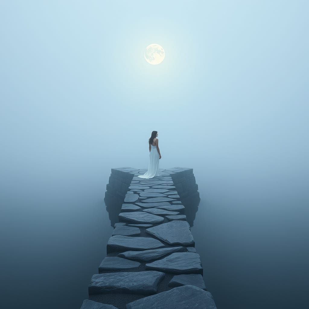 Serene Woman on Misty Lake Bridge in Ethereal Style