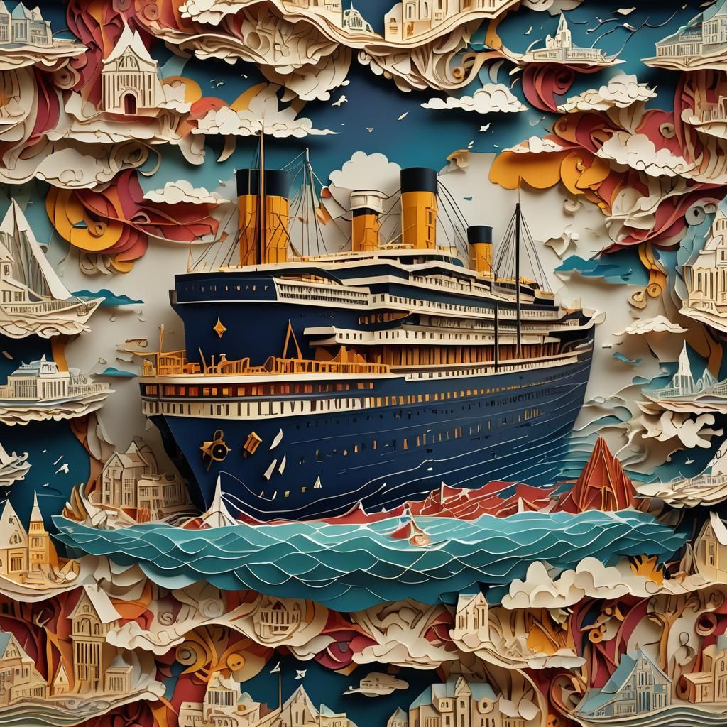 Titanic Ship in Colorful Kirigami Style