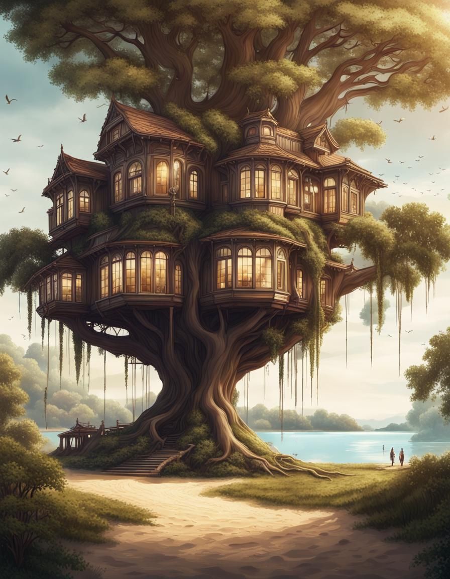 Cozy House Under Giant Tree: Sci-Fi Fantasy