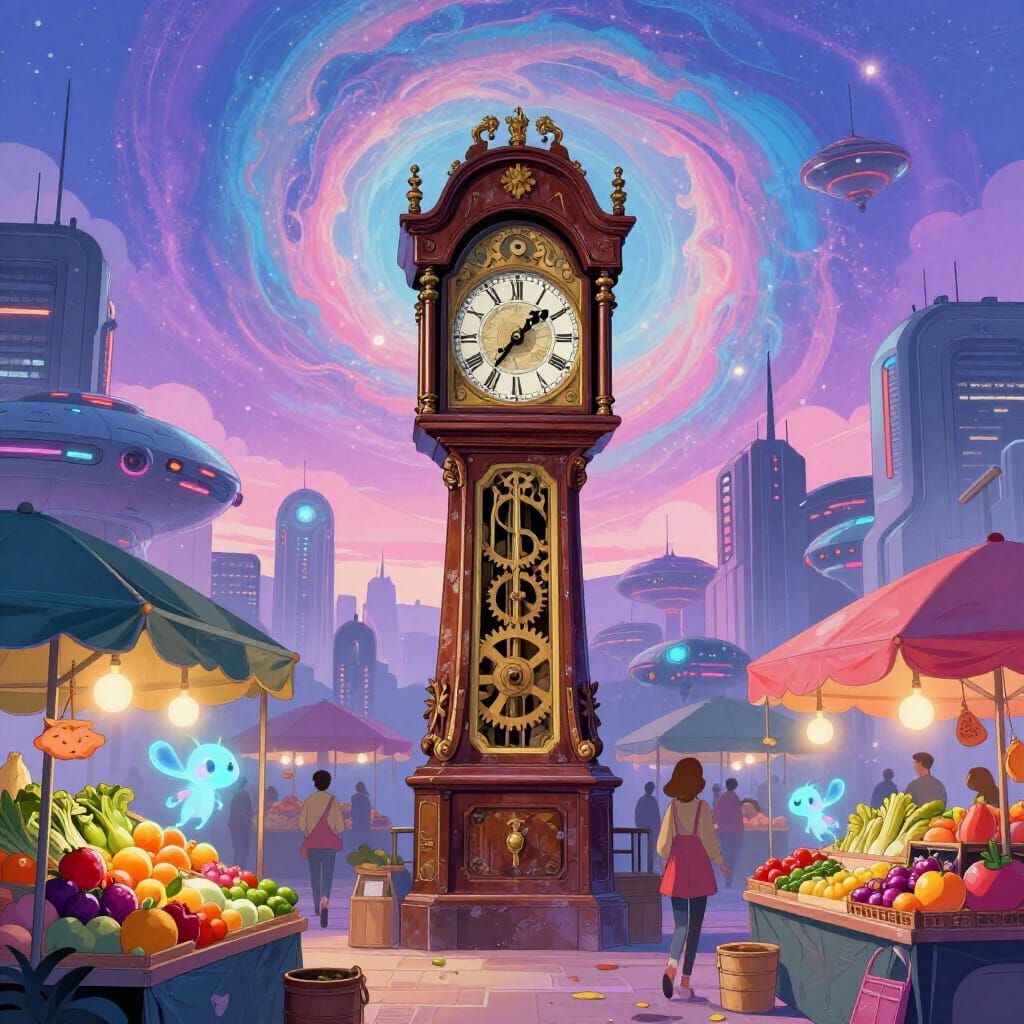 Grandfather Clock in Futuristic Market at Twilight