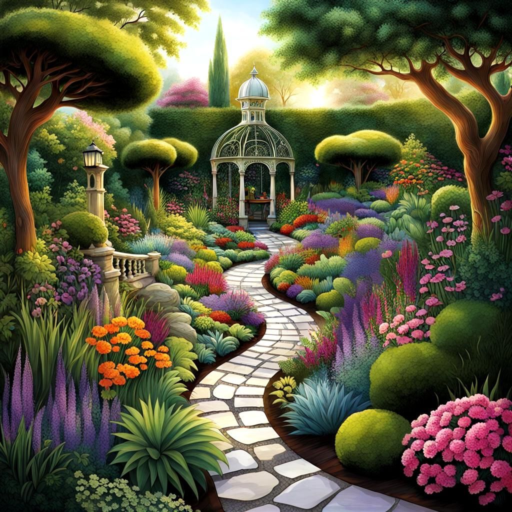 an extravagant and maximalist garden, overflowing with an ab...